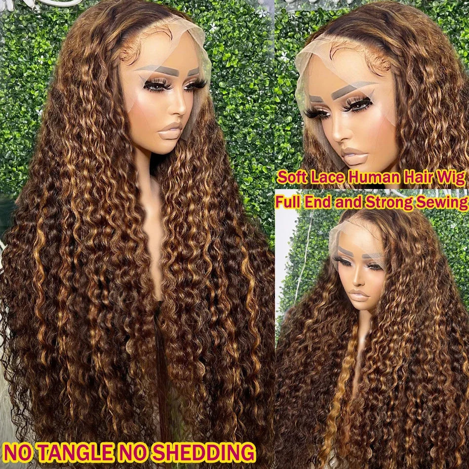 Women's Curly Brown Highlight Ombre Human Hair Wigs