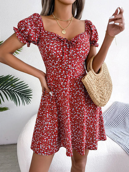 Women Casual Ruffles Short Sleeve Floral Print Dress