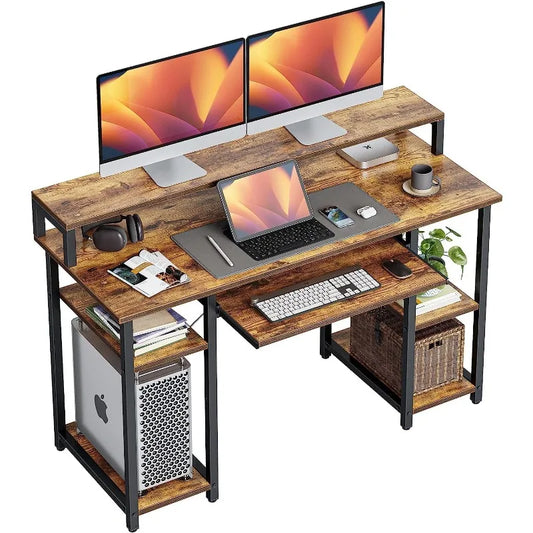 Computer Desk with Keyboard Tray, 47 Inch Office Monitor Stand and Storage Shelves, Music Studio Workstation, Work Table