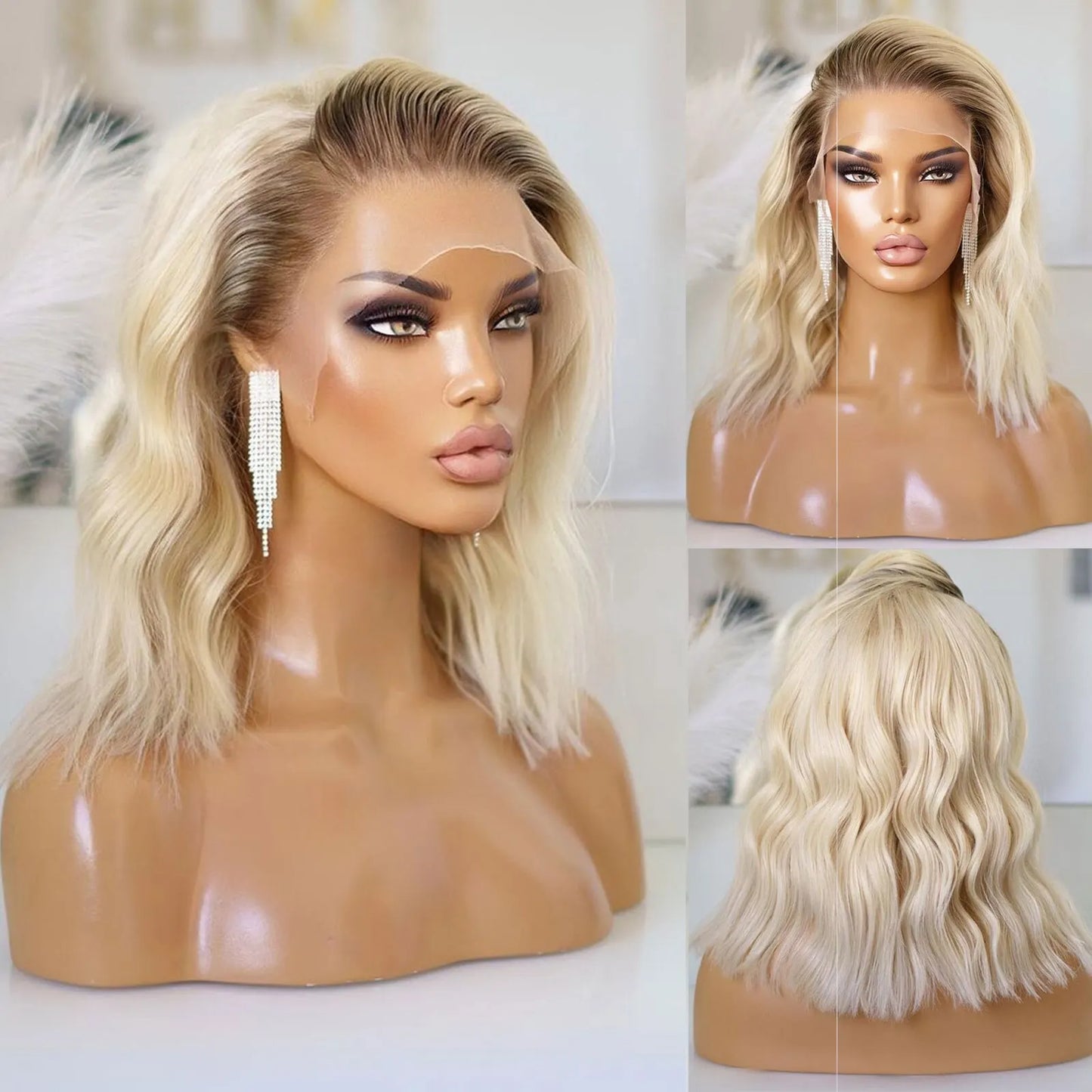 Ombre Short Wavy Blonde Lace Front Bob Wigs