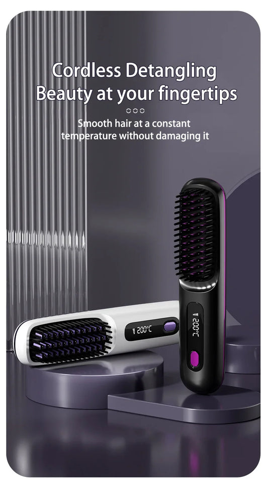 Electric Professional Negative Ion Hair Straightener Brush 2 In 1 Curling Comb Hair Curling Tool Straight Brush  USB Charging