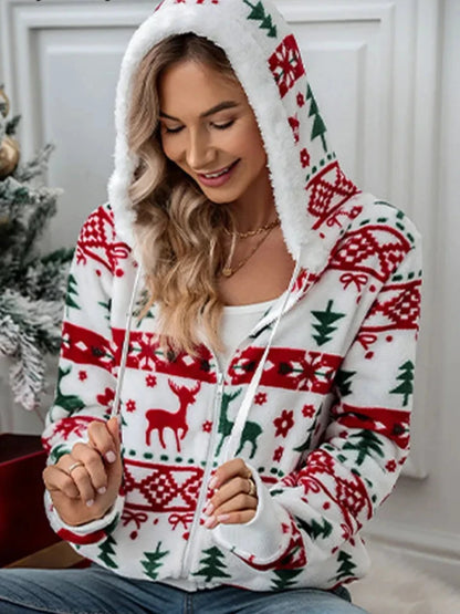 Christmas Print Women's Warm Long Sleeve Jacket