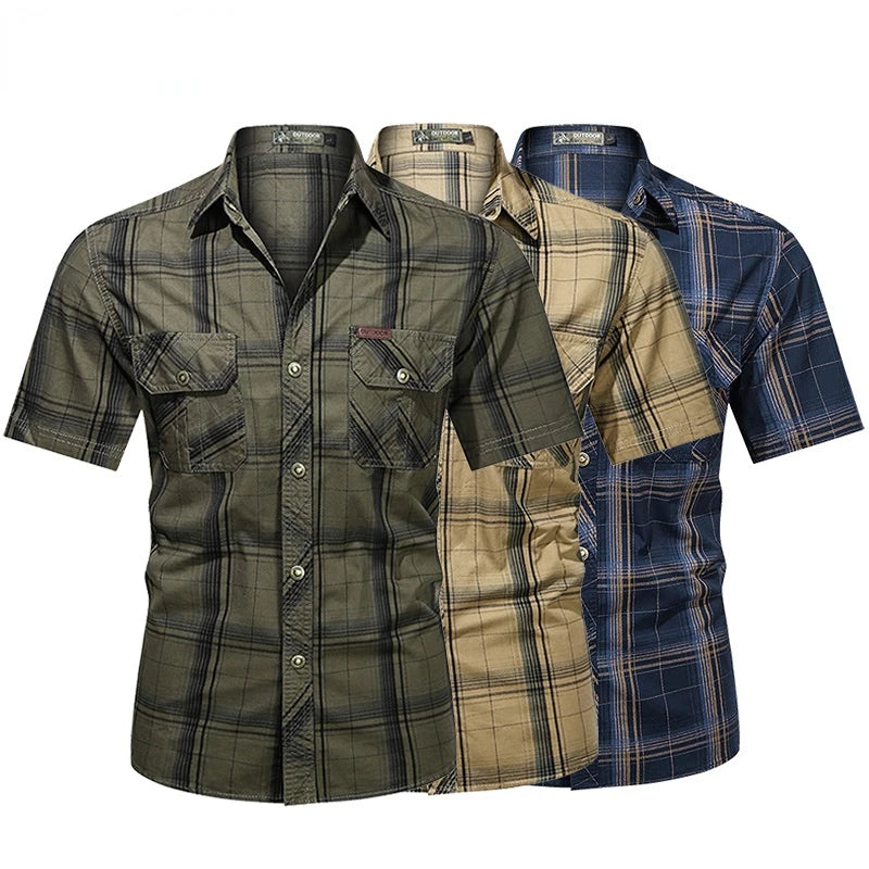 Men Lapel Shirt Plaid Printing Shirts Summer Short-sleeve Shirts Fashion Tops Casual Streetwear Male Work Shirts Green M-5XL