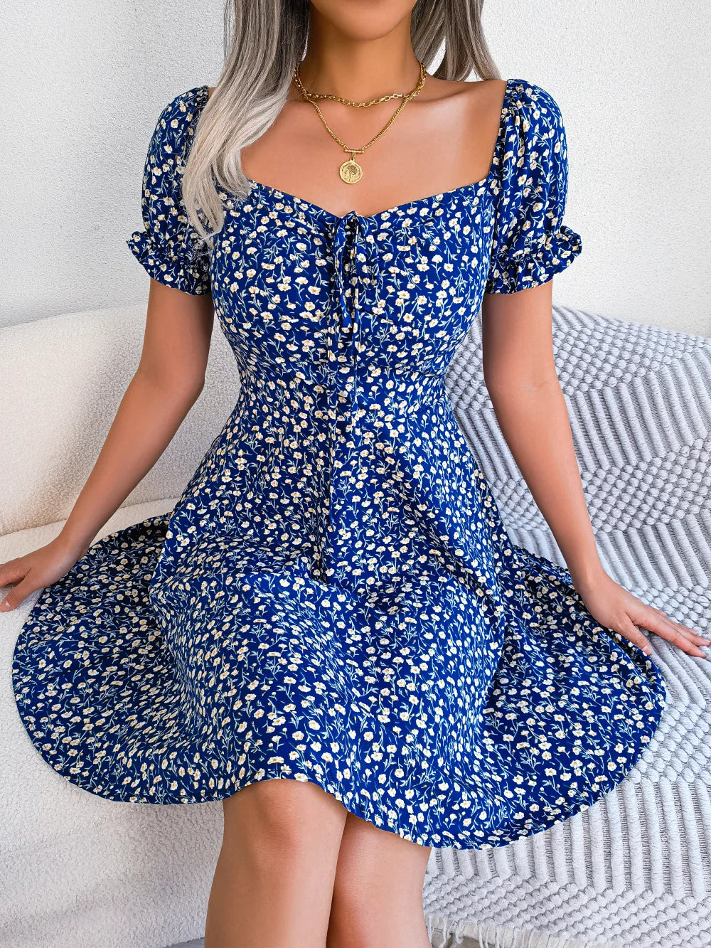 Women Casual Ruffles Short Sleeve Floral Print Dress