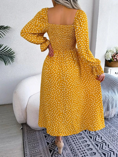 Spring and Summer Polka Dot Long Dress Square Neck Long Sleeved