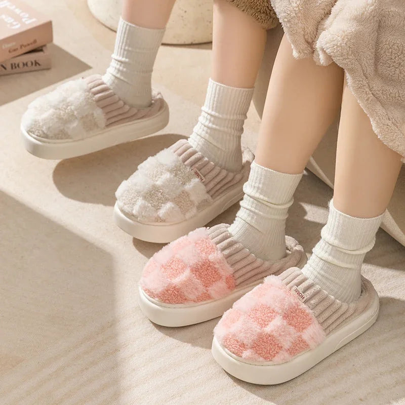 Fashion Couple Winter Flip Flops Warm Plaid Plush Slippers Soft Sole Slides Men Women Indoor Floor Home Non-slip Cotton Shoes