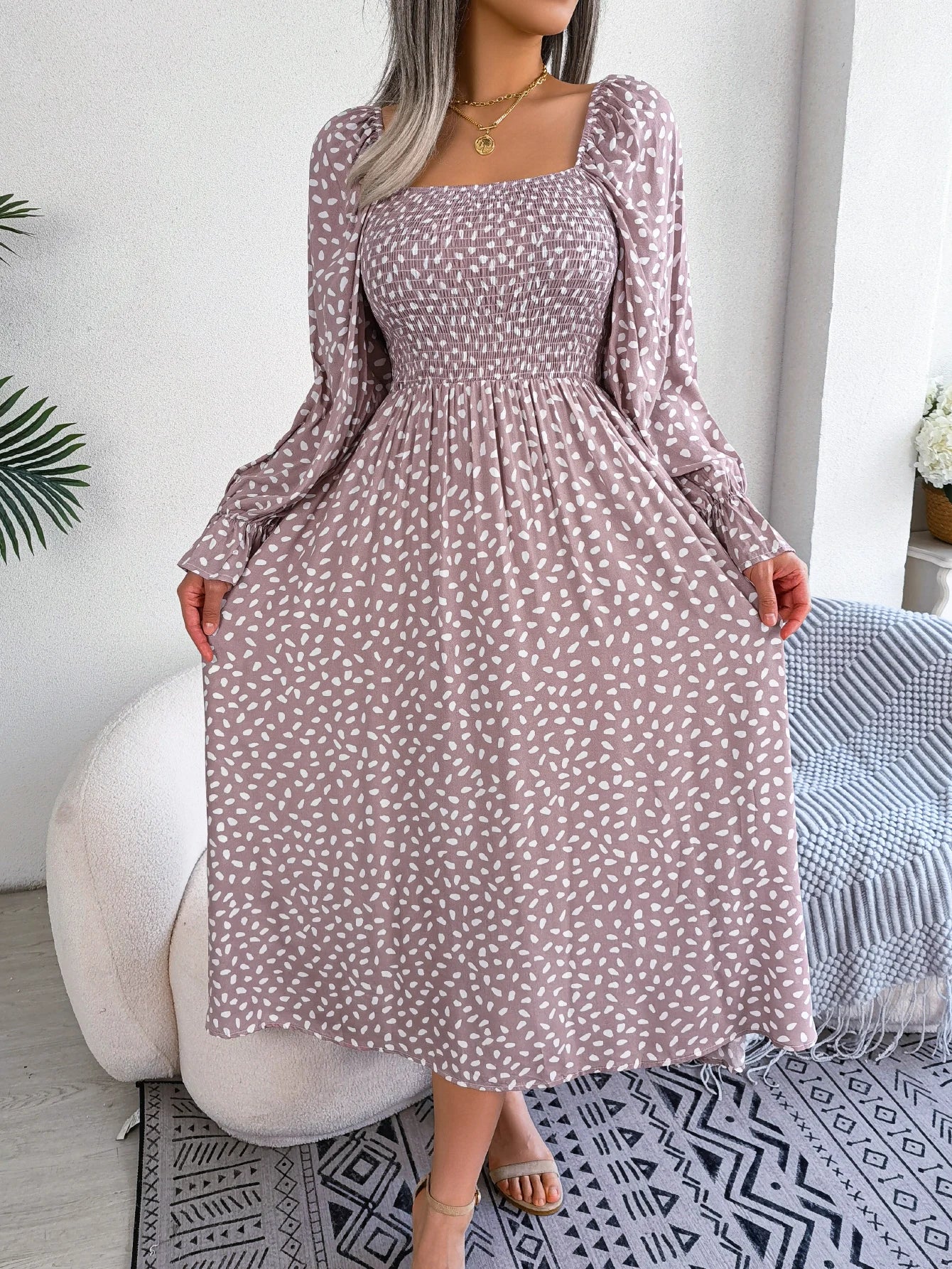 Spring and Summer Polka Dot Long Dress Square Neck Long Sleeved