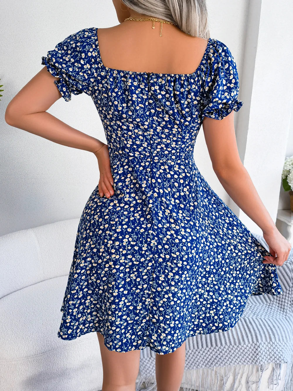 Women Casual Ruffles Short Sleeve Floral Print Dress