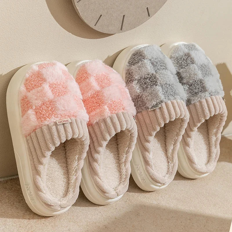 Fashion Couple Winter Flip Flops Warm Plaid Plush Slippers Soft Sole Slides Men Women Indoor Floor Home Non-slip Cotton Shoes