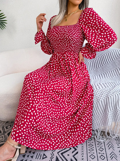 Spring and Summer Polka Dot Long Dress Square Neck Long Sleeved