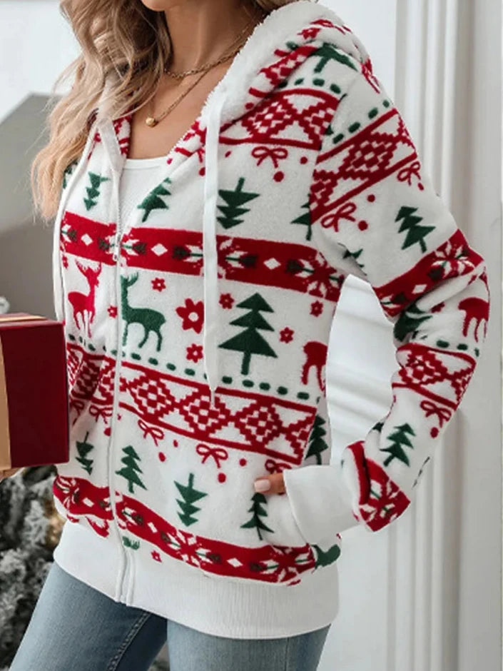 Christmas Print Women's Warm Long Sleeve Jacket