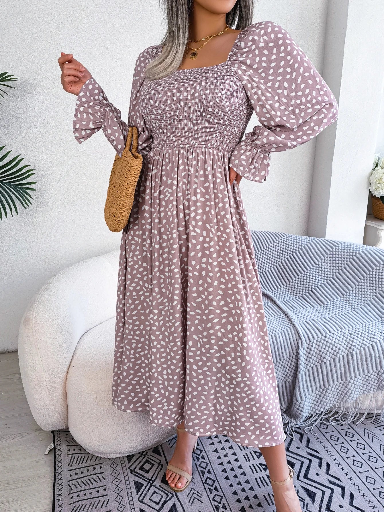 Spring and Summer Polka Dot Long Dress Square Neck Long Sleeved