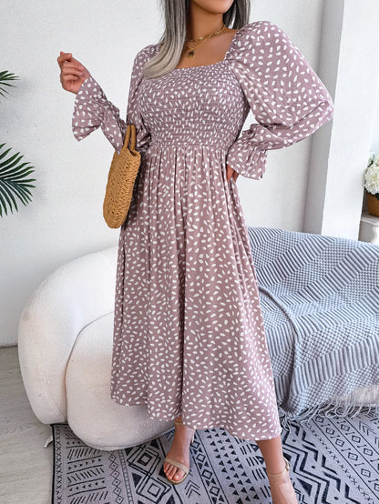 Spring and Summer Polka Dot Long Dress Square Neck Long Sleeved