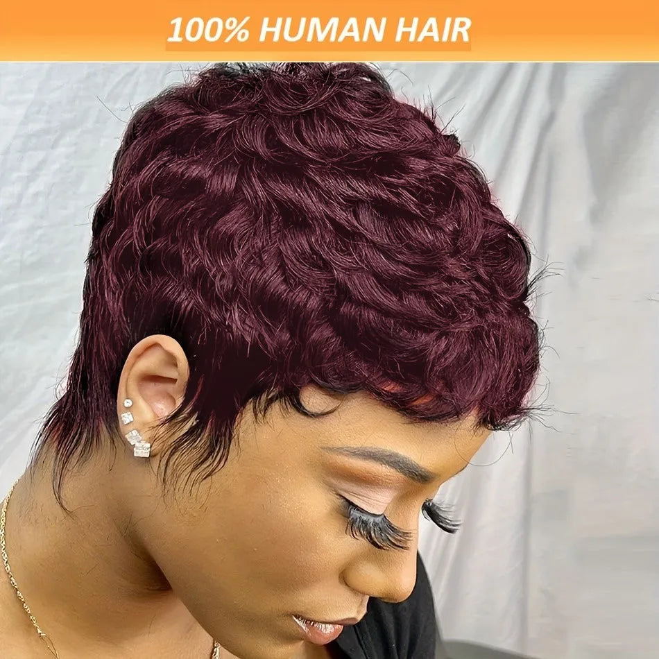 Women's Pixie Cut Brown Color Human Hair Wigs