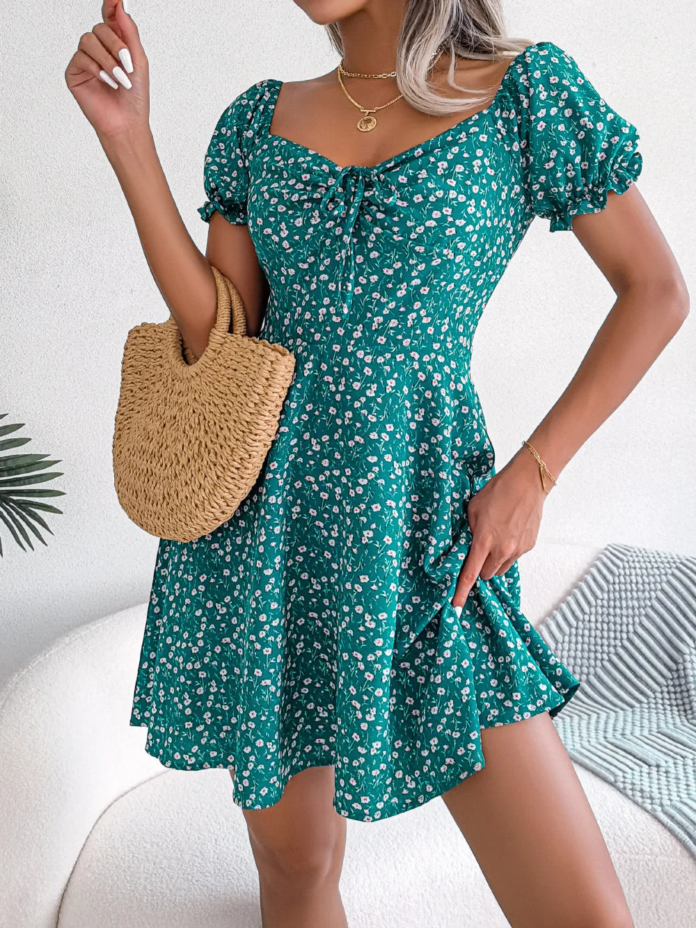 Women Casual Ruffles Short Sleeve Floral Print Dress