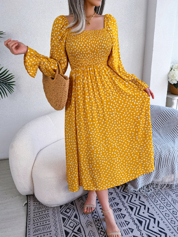 Spring and Summer Polka Dot Long Dress Square Neck Long Sleeved