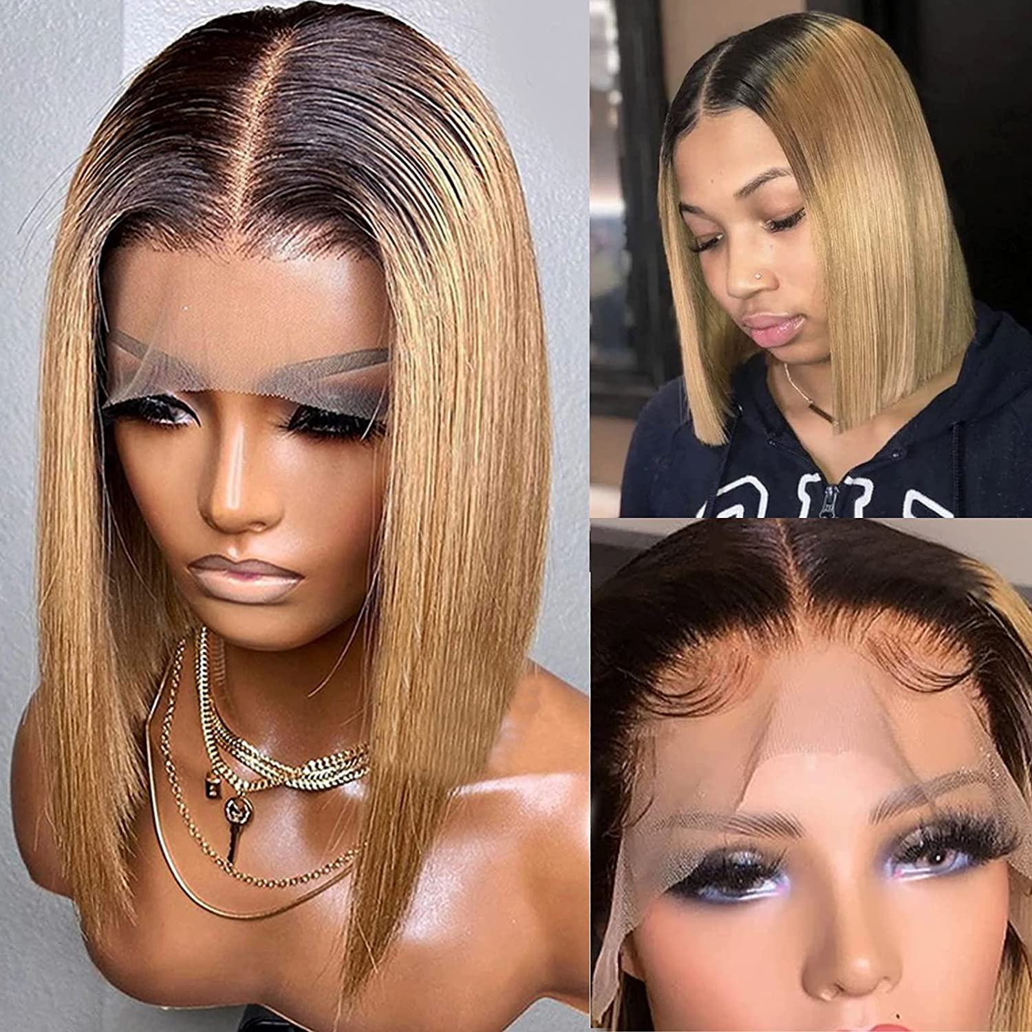 Short Ombre Honey Blonde Bob Wig With Baby Hair - Misthere K.