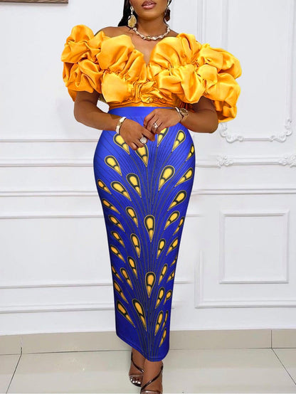 Women Two Pieces Set Blouses Tops Shirt Ruffles Printed Skirt Ruffles Off Shoulder Summer Elegant Stylish African Party Occasion - Misthere K.