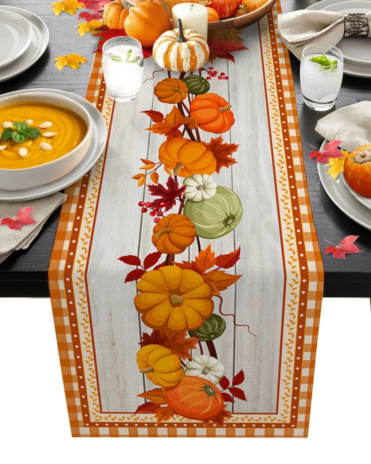 Autumn Pumpkin Maple Leaf Linen Table RunnersMisthere K. - All rights reserved