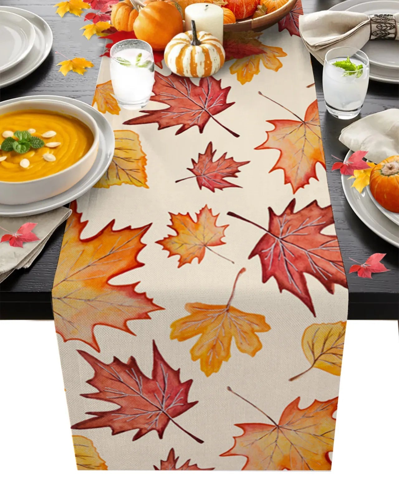 Autumn Pumpkin Maple Leaf Linen Table RunnersMisthere K. - All rights reserved