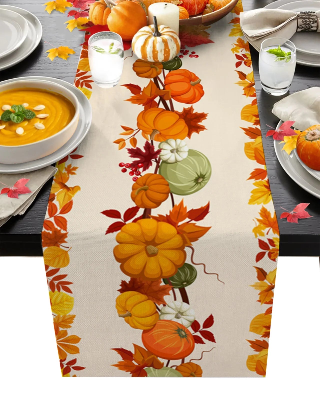 Autumn Pumpkin Maple Leaf Linen Table RunnersMisthere K. - All rights reserved