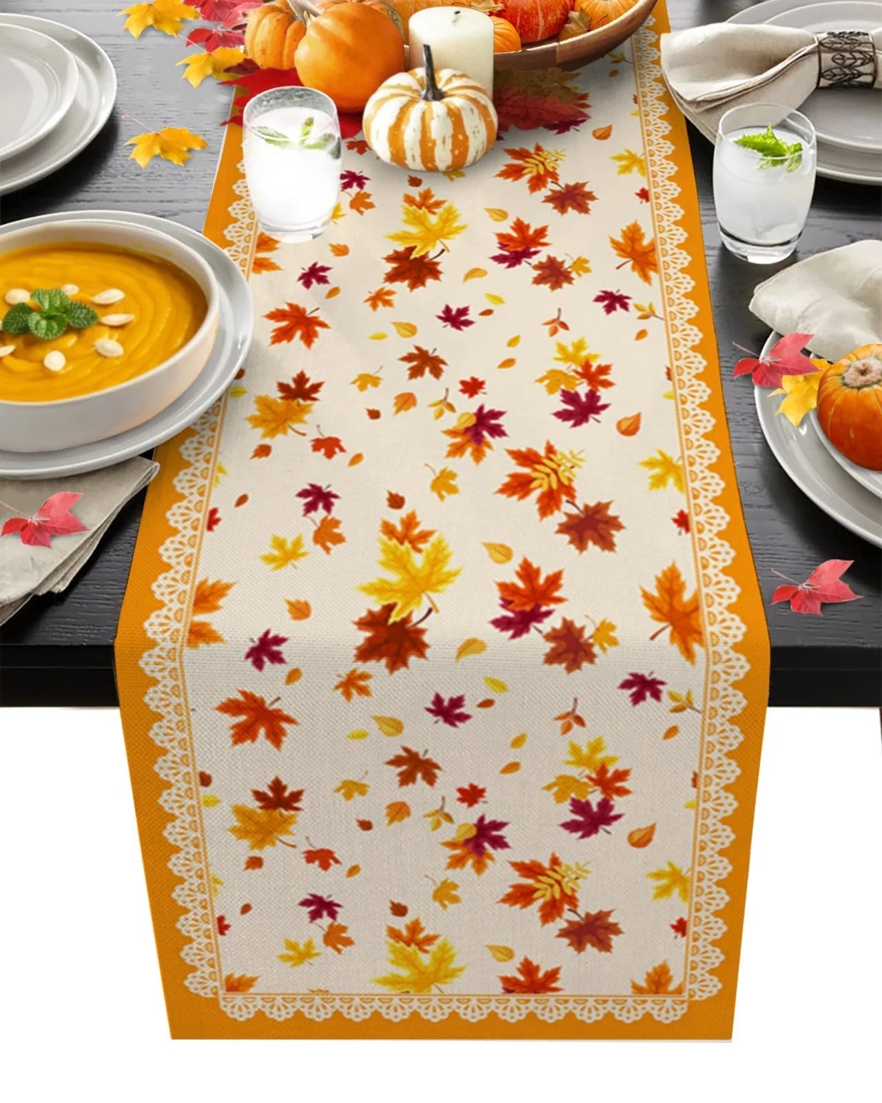 Autumn Pumpkin Maple Leaf Linen Table RunnersMisthere K. - All rights reserved