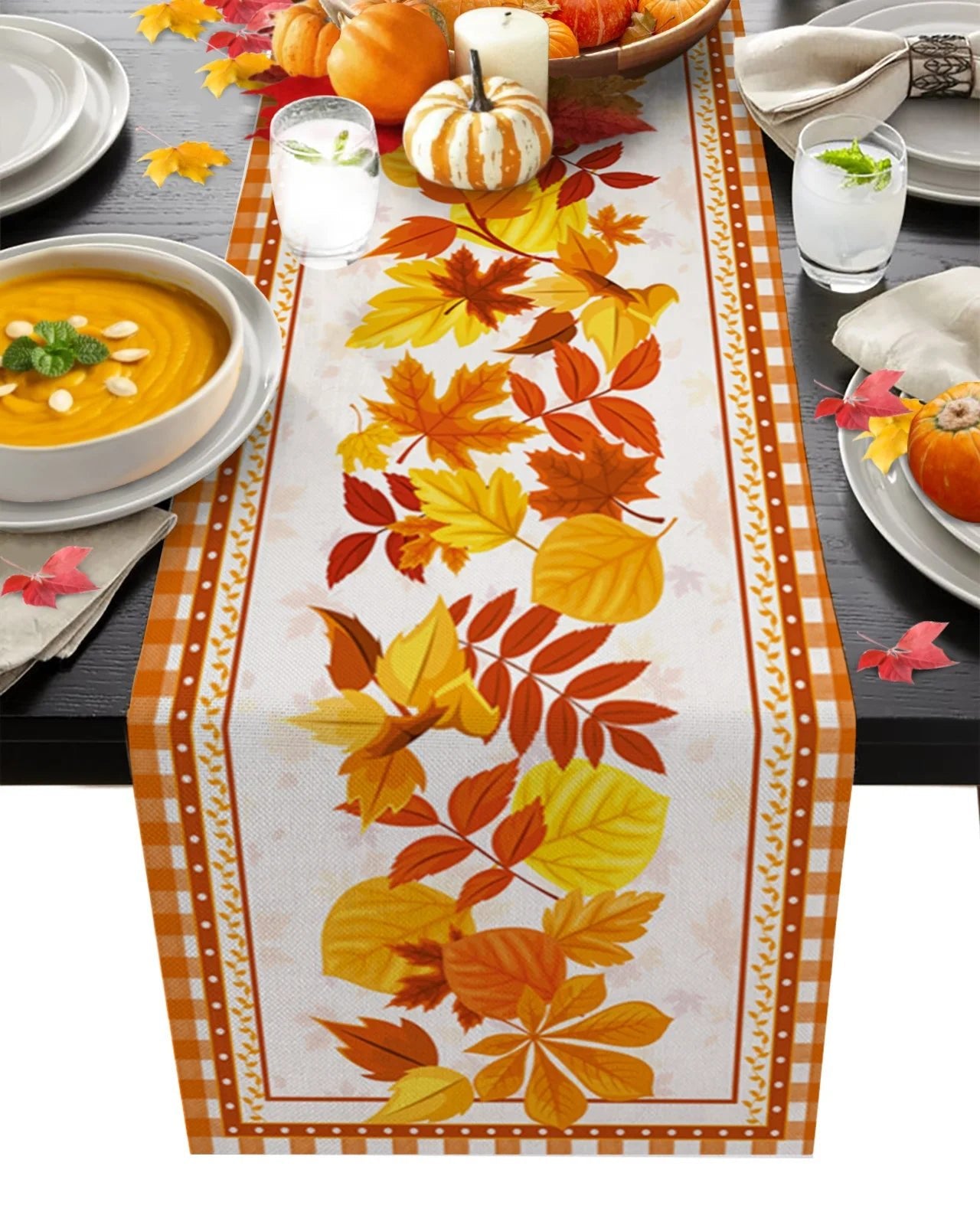 Autumn Pumpkin Maple Leaf Linen Table RunnersMisthere K. - All rights reserved