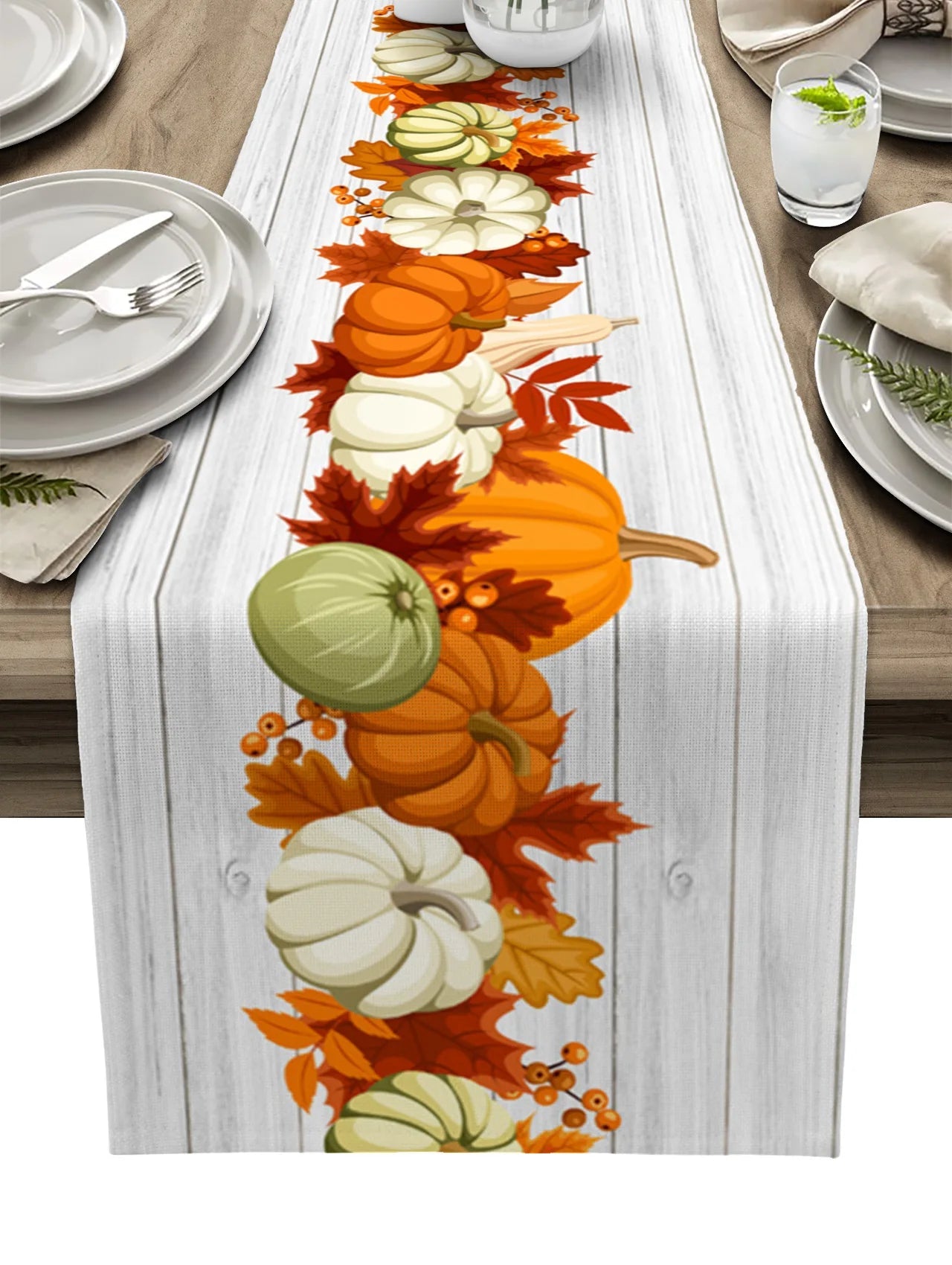 Autumn Pumpkin Maple Leaf Linen Table RunnersMisthere K. - All rights reserved